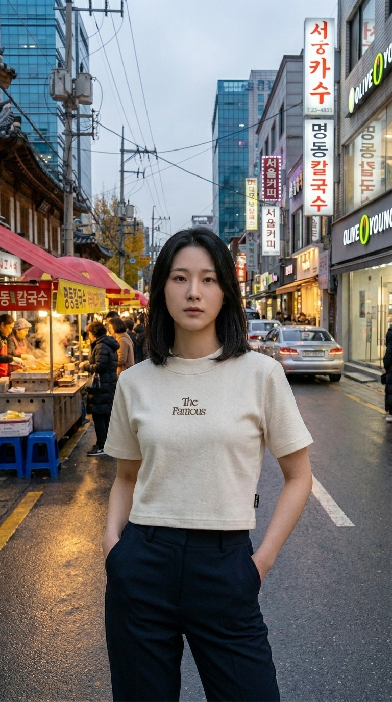FLOWBOARD Myeongdong dusk variant — Korean signage, AI scene composition with stable character identity