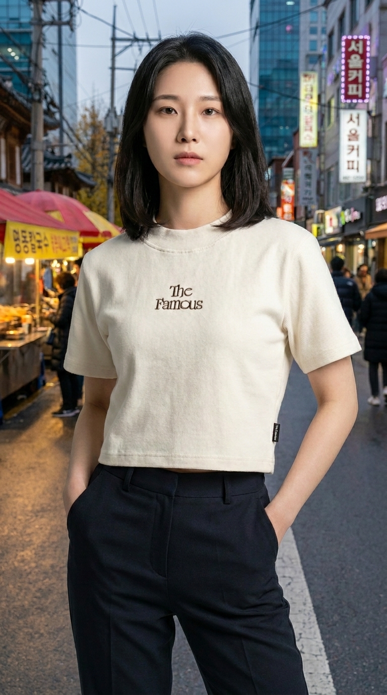 FLOWBOARD Seoul street variant — same character, environment-aware AI scene composition